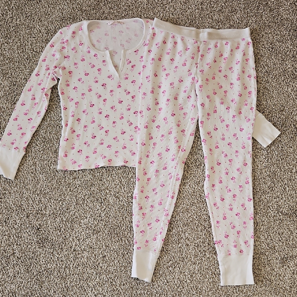 Victoria's Secret Long John Pajama Set - Pink Floral on White